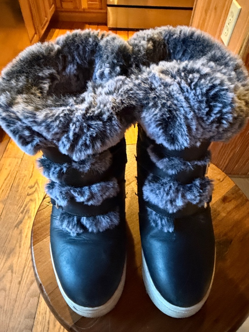 J Slides Black Winter Boots with Gray Faux Fur Trim